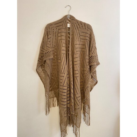NWT Tan Crochet Open-Front Fringe Kimono Cardigan Shawl - Picture 1 of 6